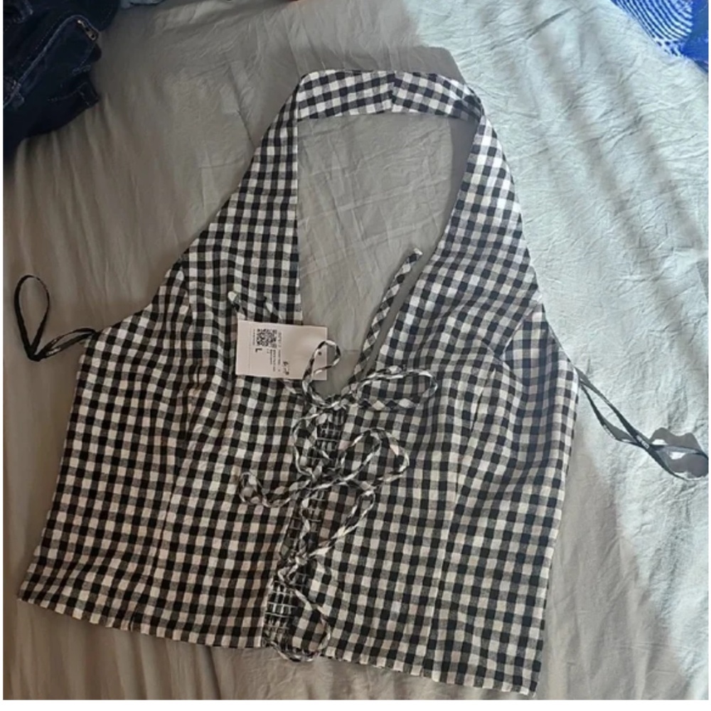 Gingham Tie-Front Halter Crop Top